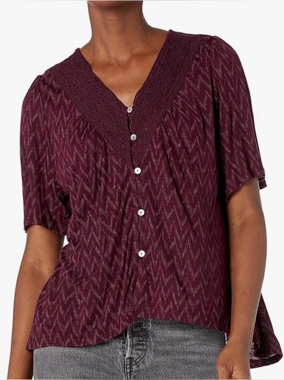 Lucky Brand Boho Crochet Lace Yoke Blouse Winetasting Purple Chevron Size L